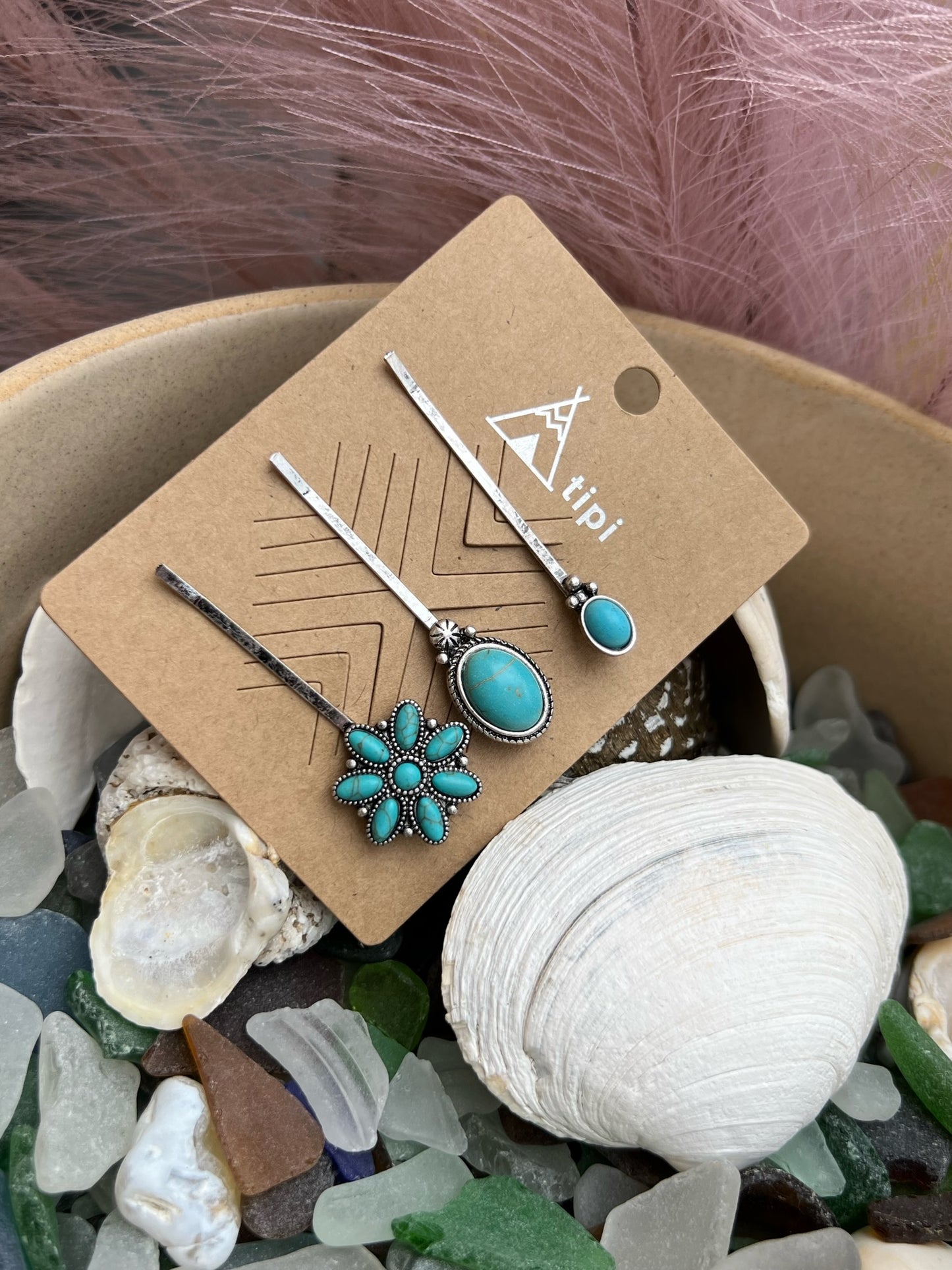 Turquoise Concho Flower Hair Pin Set