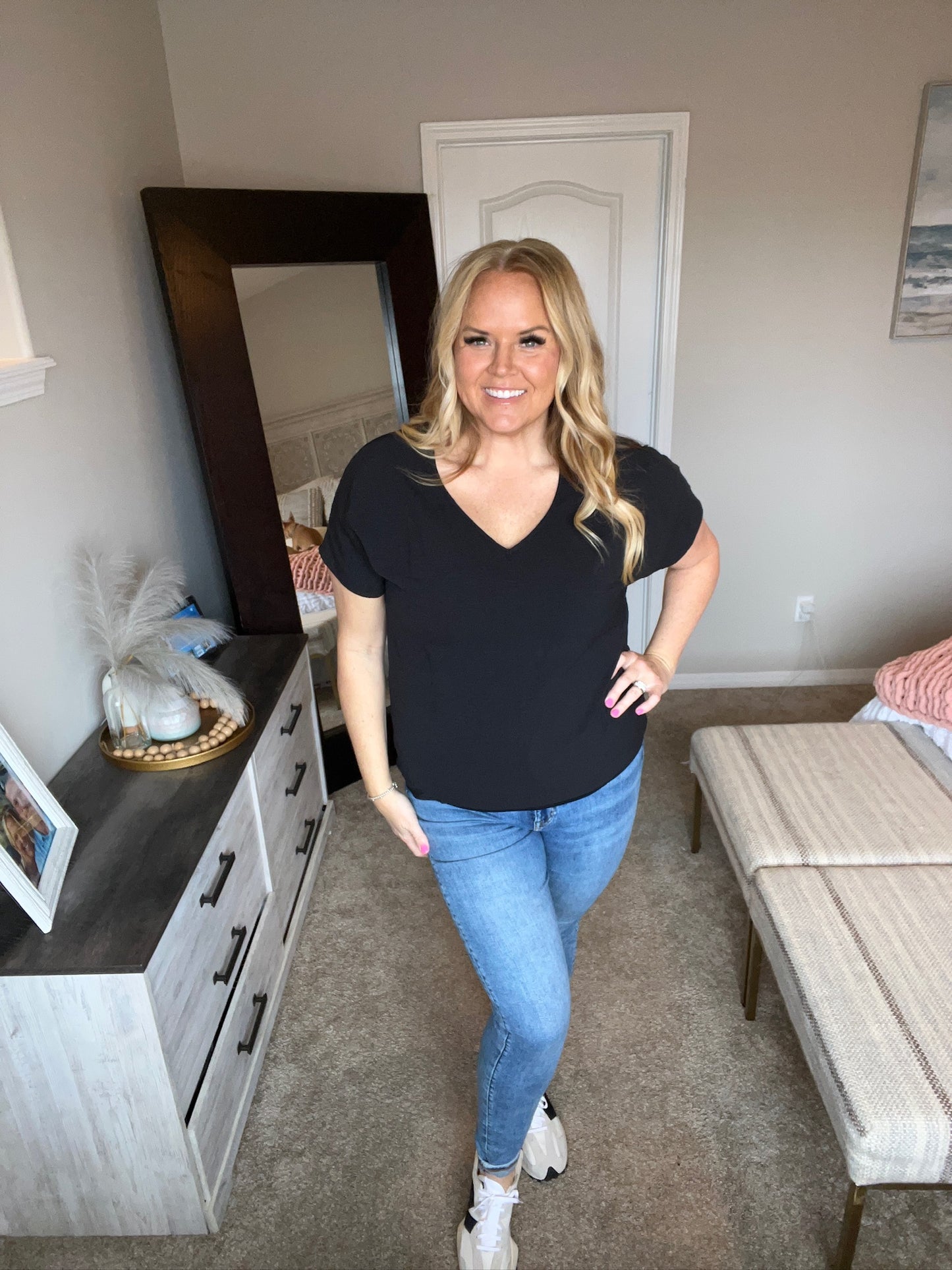 Frequently Asked Questions V-Neck Top in Black by RM