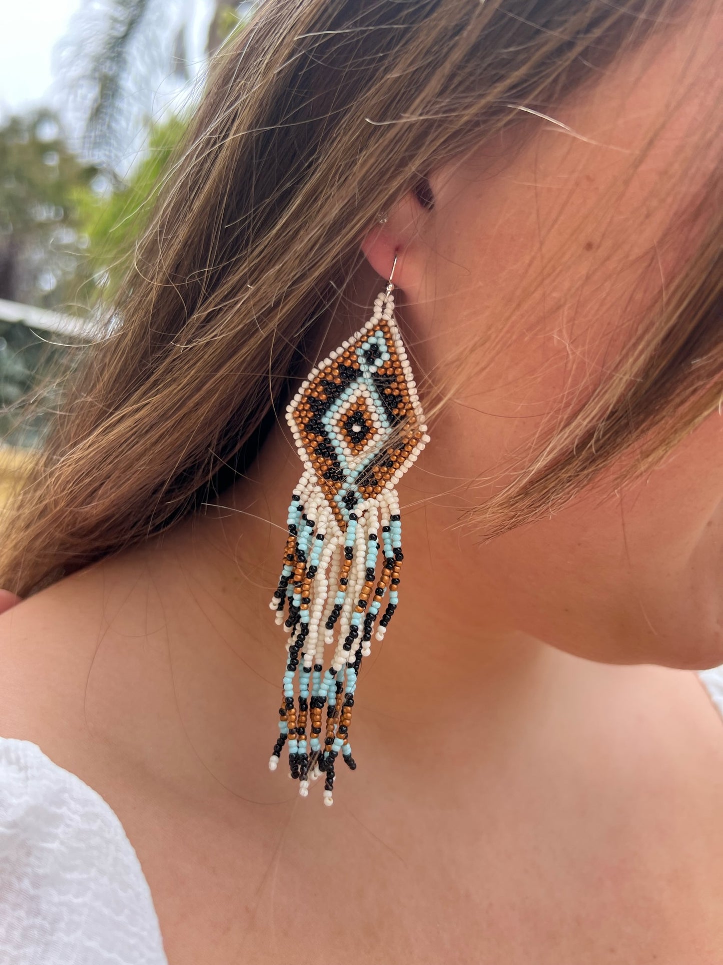 White Aztec Seed Beaded Earrings