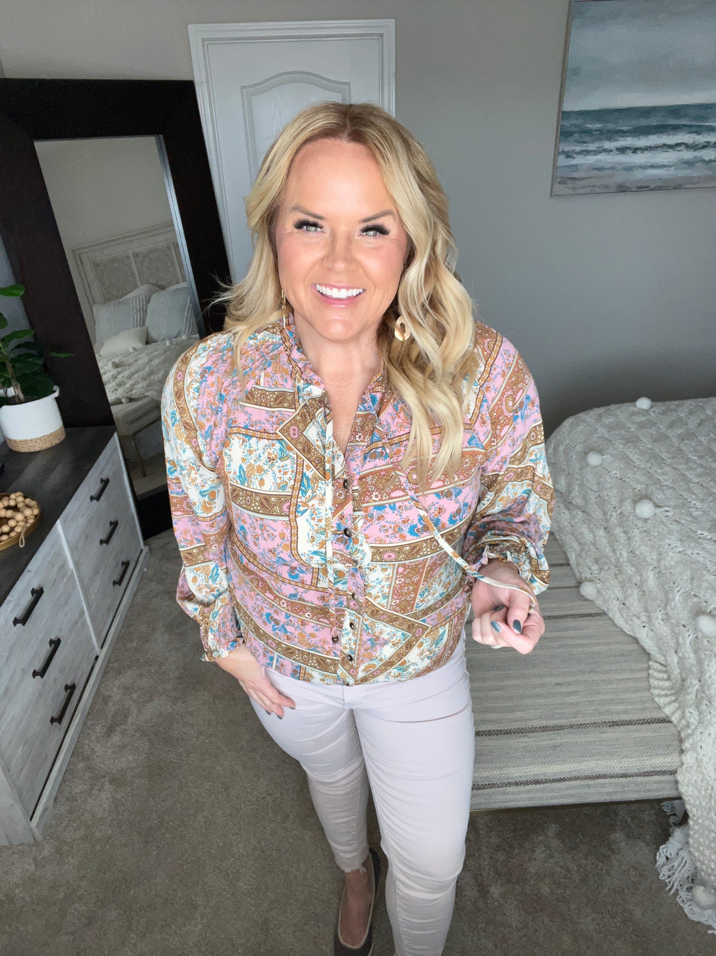 Show and Tell Mixed Print Peasant Blouse