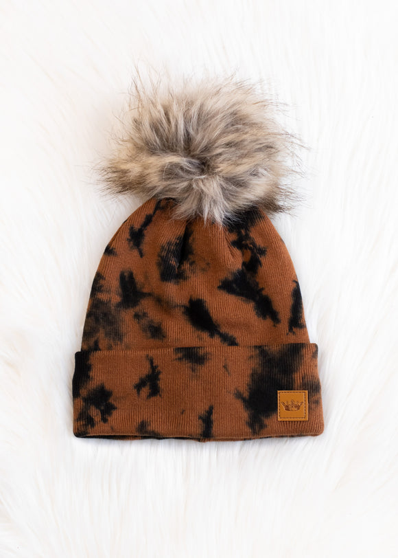 Adorable brown & black tie dye knot beanie with pom
