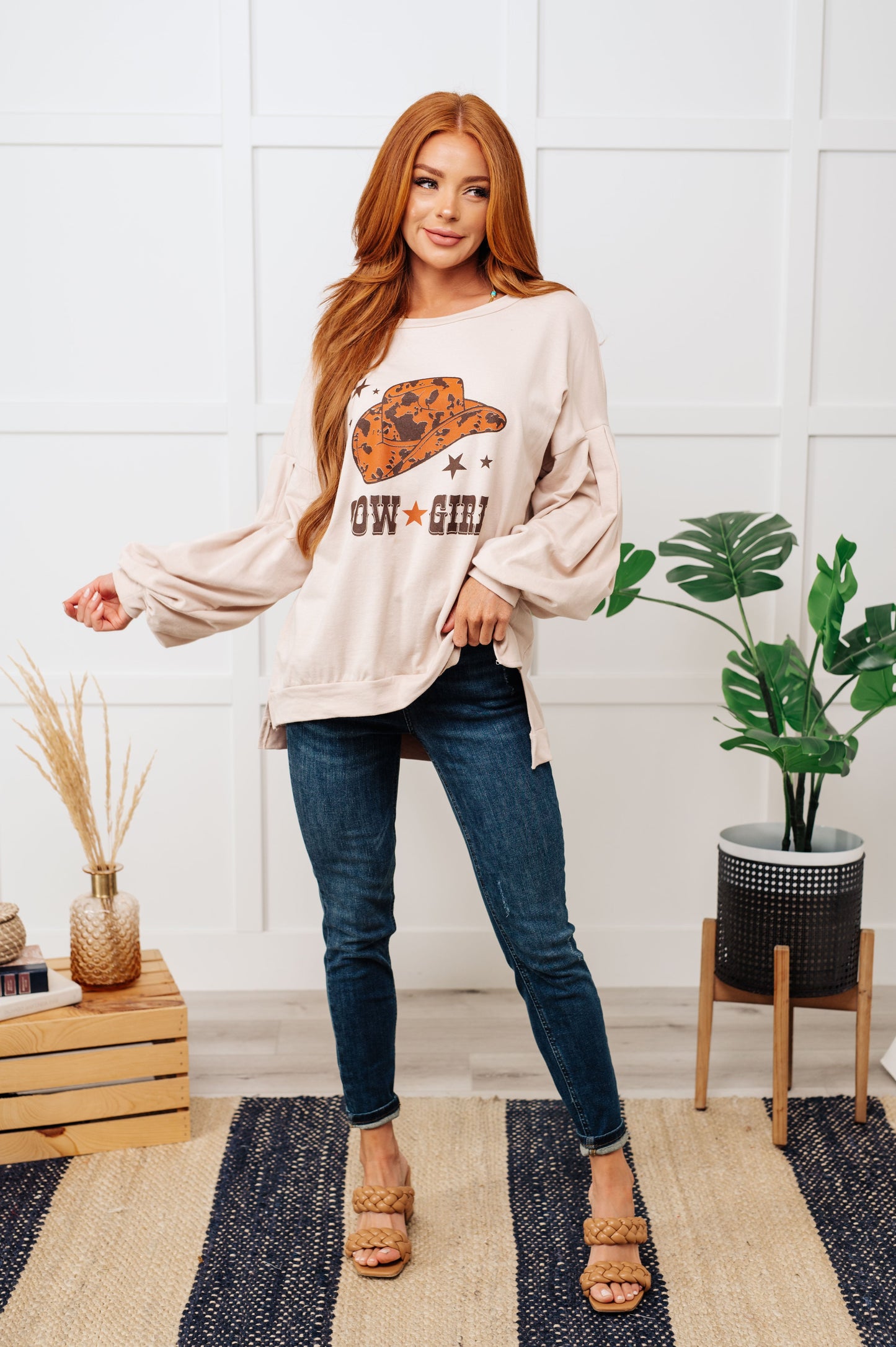 Cow Girl Graphic Pullover in Stone by RM