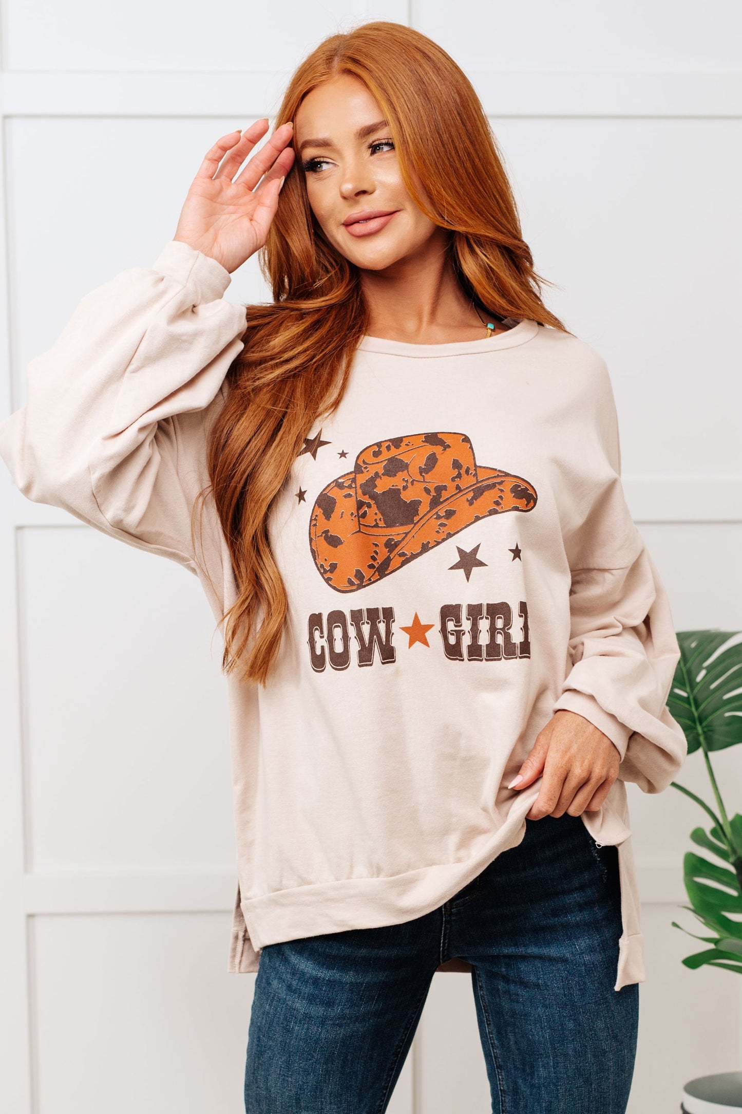 Cow Girl Graphic Pullover in Stone by RM
