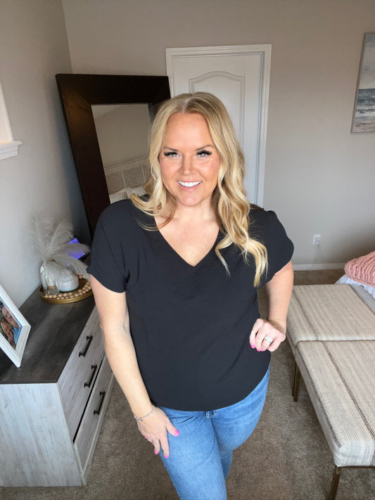 Frequently Asked Questions V-Neck Top in Black by RM