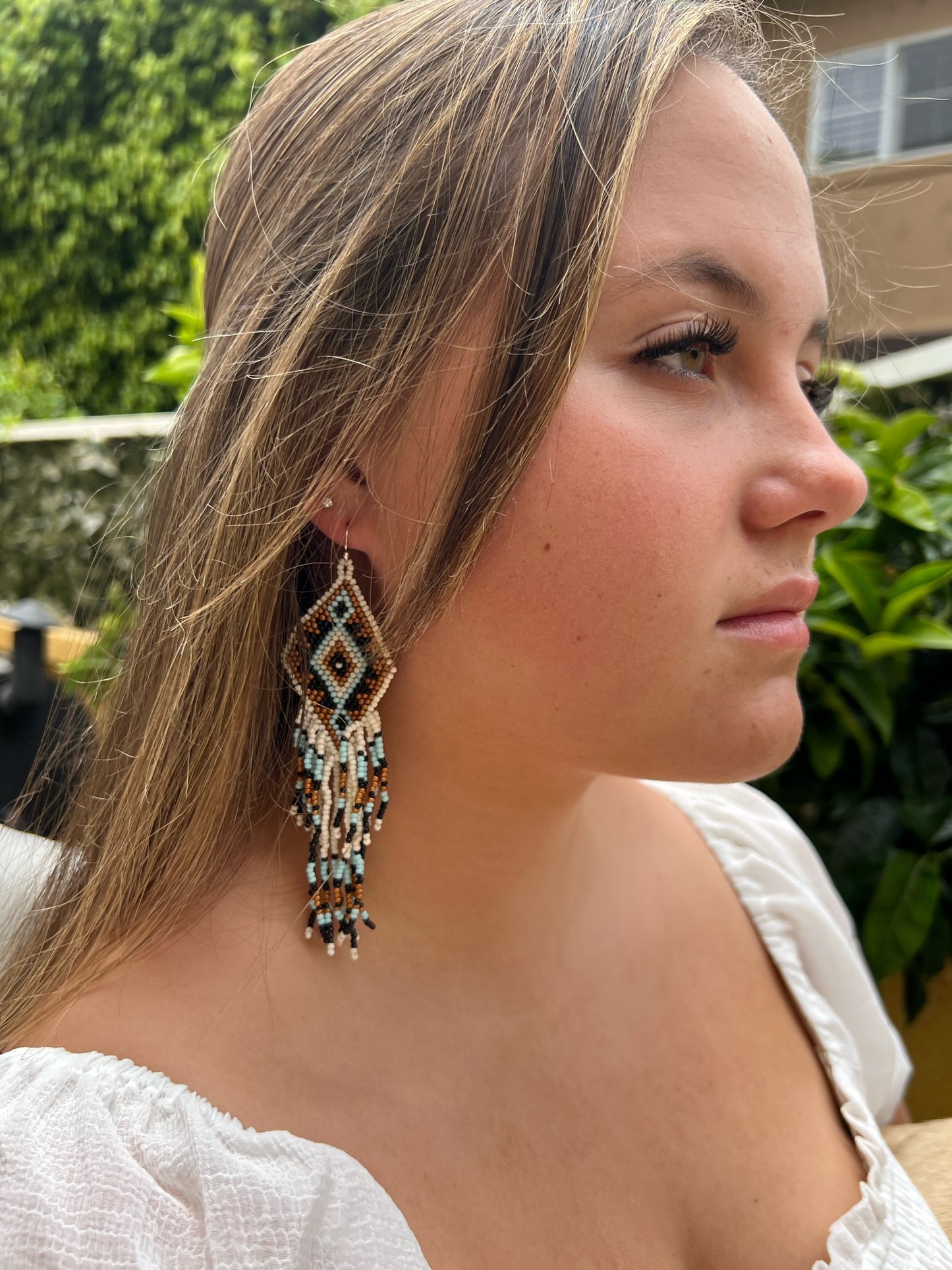 White Aztec Seed Beaded Earrings