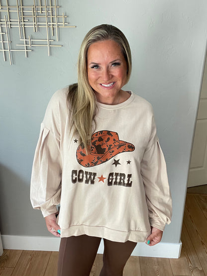 Cow Girl Graphic Pullover in Stone by RM