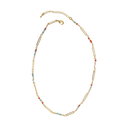 Turquoise & Coral Beaded Gold Necklace