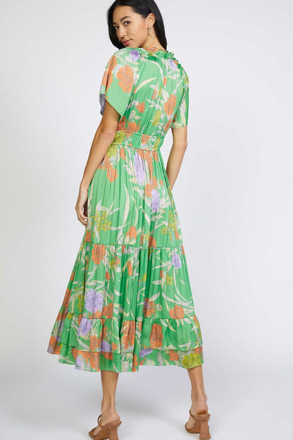Green Multi-Print Flutter Dress